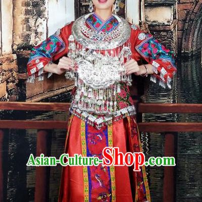 Chinese Traditional Hmong Ethnic Wedding Costume Miao Nationality Folk Dance Dress and Headdress for Women