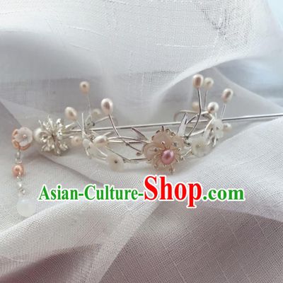Chinese Ancient Princess Hairpins Pearls White Hair Crown Traditional Hanfu Hair Accessories for Women