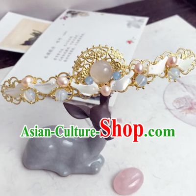 Chinese Ancient Princess Hairpins Rose Chalcedony Pearls Hair Crown Traditional Hanfu Hair Accessories for Women
