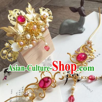 Chinese Ancient Princess Pearls Golden Hair Crown Hairpins Traditional Hanfu Hair Accessories for Women