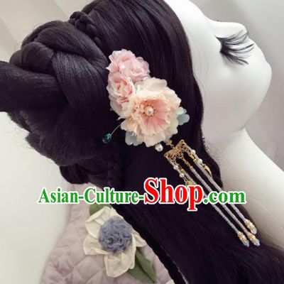 Chinese Ancient Princess Pink Flowers Tassel Hairpins Traditional Hanfu Hair Accessories for Women