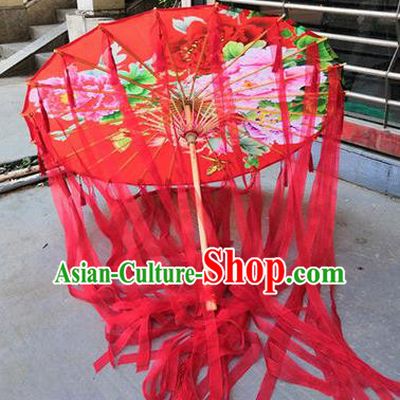 Chinese Ancient Drama Prop Red Ribbon Umbrella Traditional Handmade Umbrellas