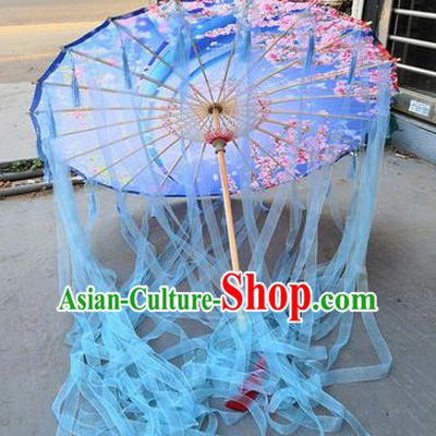 Chinese Ancient Drama Prop Blue Ribbon Umbrella Traditional Handmade Umbrellas