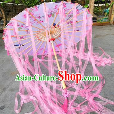 Chinese Ancient Drama Prop Pink Ribbon Umbrella Traditional Printing Handmade Umbrellas