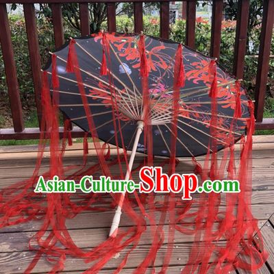 Chinese Ancient Drama Prop Black Silk Umbrella Traditional Handmade Red Ribbon Umbrellas