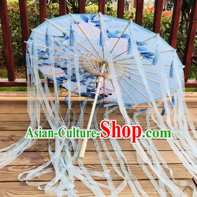 Chinese Ancient Drama Prop Silk Umbrella Traditional Handmade Blue Ribbon Umbrellas