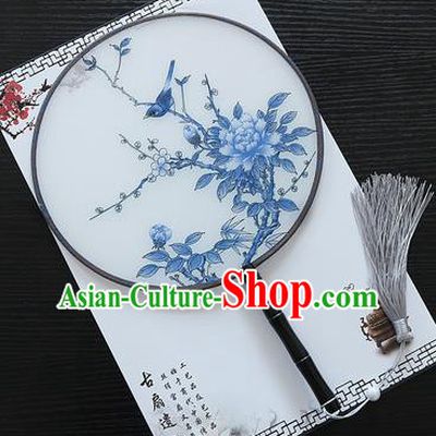 Chinese Traditional Palace Fans Ancient Princess Printing Blue Peony Round Fans for Women