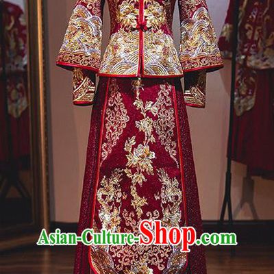Chinese Traditional Wedding Xiuhe Suit Ancient Bride Embroidered Dress  for Women