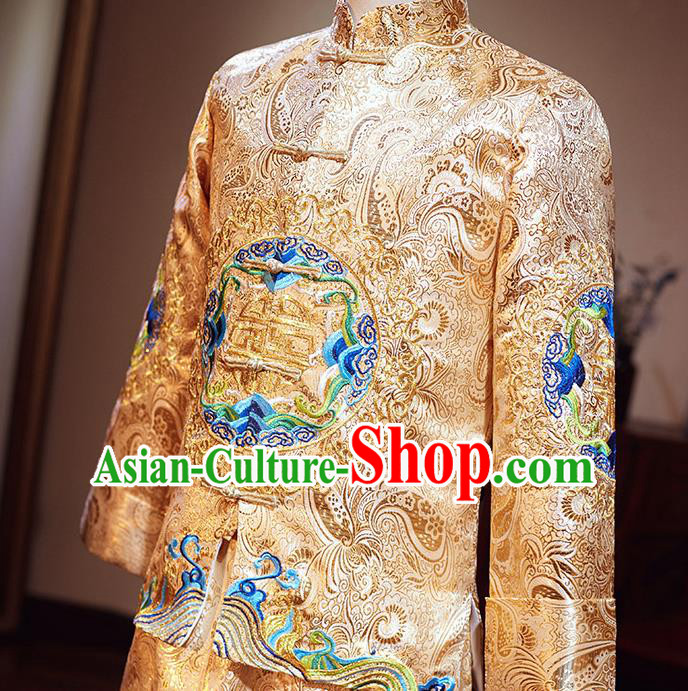 Chinese Traditional Wedding Costume Ancient Bridegroom Embroidered Golden Tang Suit Clothing for Men Chinese Traditional Wedding Costume Ancient Bridegroom Embroidered Golden Tang Suit Clothing for Men