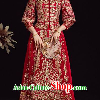 Chinese Traditional Bride Diamante Xiuhe Suit Ancient Wedding Embroidered Red Dress for Women