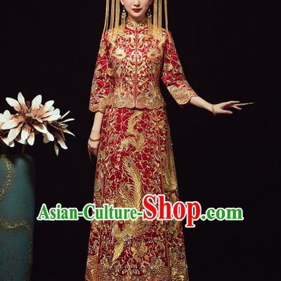 Chinese Traditional Bride Diamante Phoenix Xiuhe Suit Ancient Wedding Embroidered Red Dress for Women