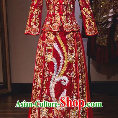 Chinese Traditional Bride Red Diamante Xiuhe Suit Ancient Wedding Embroidered Phoenix Dress for Women