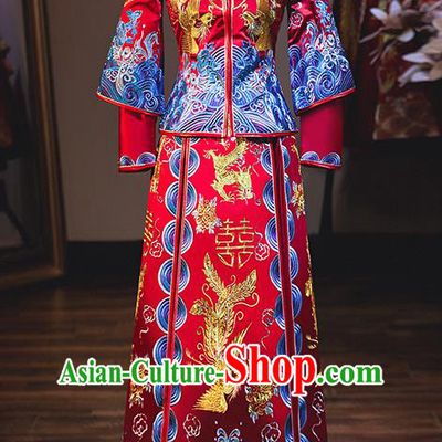 Chinese Traditional Bride Costume Wedding Xiuhe Suit Ancient Embroidered Phoenix Peony Dress for Women