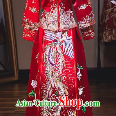 Chinese Traditional Bride Costume Embroidered Phoenix Peony Xiuhe Suit Ancient Wedding Dress for Women
