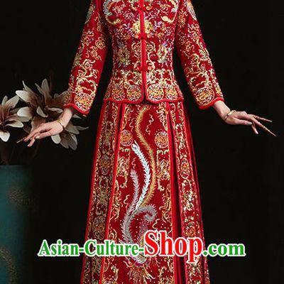 Chinese Traditional Bride Diamante Costume Embroidered Phoenix Peony Xiuhe Suit Ancient Wedding Dress for Women