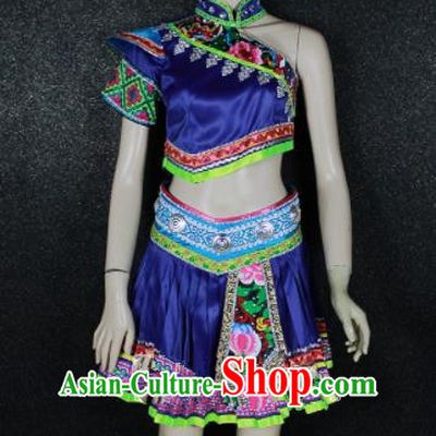 Chinese Traditional Zhuang Nationality Embroidered Royalblue Dress Ethnic Folk Dance Costume for Women