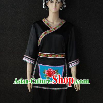 Chinese Traditional Miao Nationality Embroidered Black Clothing Ethnic Folk Dance Costume for Women
