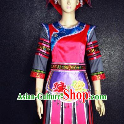 Chinese Traditional Gelao Nationality Embroidered Red Dress Ethnic Folk Dance Costume for Women