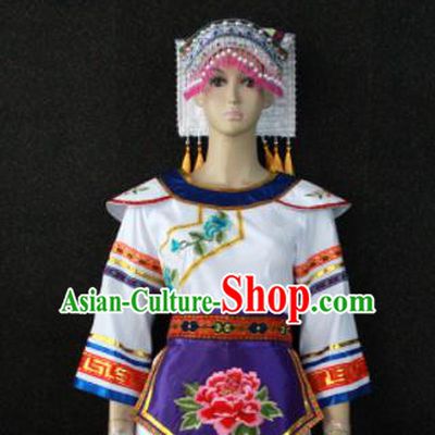 Chinese Traditional Zhuang Nationality Embroidered White Dress Ethnic Folk Dance Costume for Women