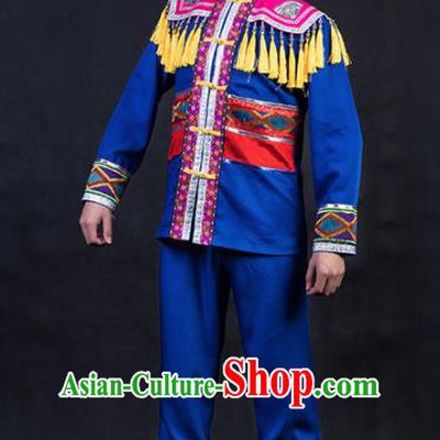 Chinese Traditional Zhuang Nationality Royalblue Clothing Ethnic Festival Folk Dance Costume for Men
