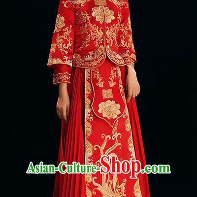 Chinese Traditional Bride Costume Xiuhe Suit Ancient Wedding Red Embroidered Dress for Women