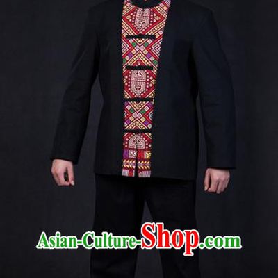 Chinese Traditional Zhuang Nationality Black Clothing Ethnic Festival Folk Dance Costume for Men