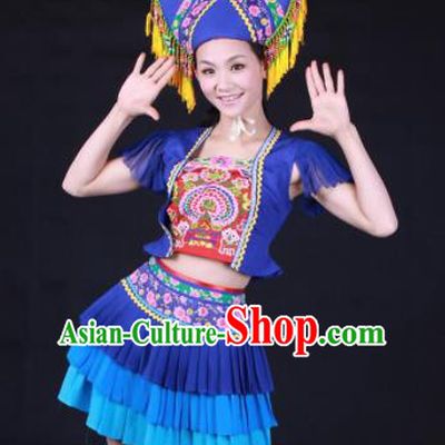 Chinese Traditional Zhuang Nationality Embroidered Blue Pleated Skirt Ethnic Folk Dance Costume for Women