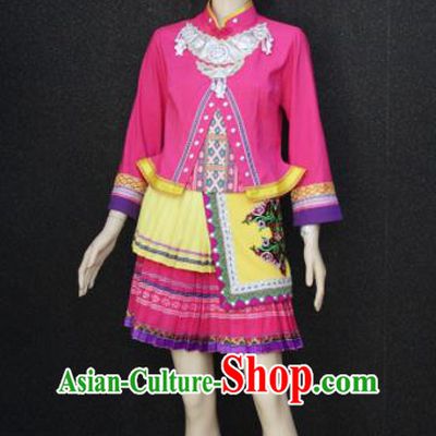 Chinese Traditional Zhuang Nationality Embroidered Pink Pleated Skirt Ethnic Folk Dance Costume for Women