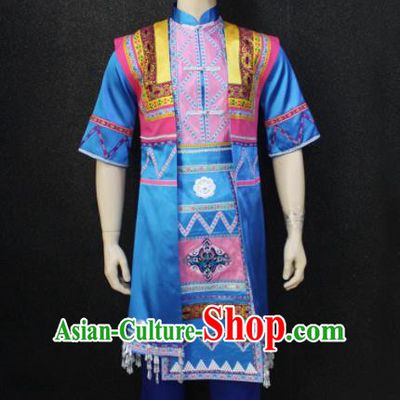 Chinese Traditional Zhuang Nationality Blue Clothing Ethnic Festival Folk Dance Costume for Men