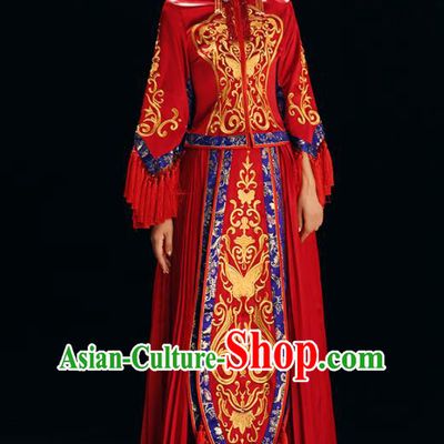 Chinese Traditional Bride Costume Xiuhe Suit Ancient Wedding Red Embroidered Butterfly Dress for Women
