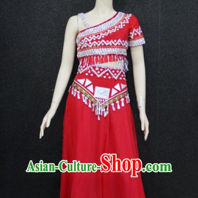 Chinese Traditional Zhuang Nationality Embroidered Red Dress Ethnic Folk Dance Costume for Women