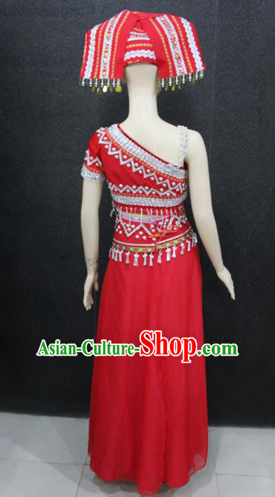Chinese Traditional Zhuang Nationality Embroidered Red Dress Ethnic Folk Dance Costume for Women Chinese Traditional Zhuang Nationality Embroidered Red Dress Ethnic Folk Dance Costume for Women