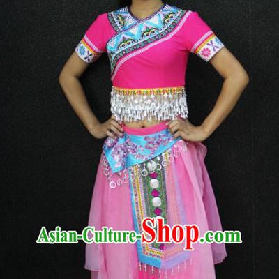 Chinese Traditional Zhuang Nationality Pink Dress Ethnic Folk Dance Costume for Women