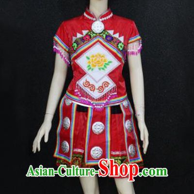 Chinese Traditional Zhuang Nationality Red Dress Ethnic Folk Dance Costume for Women