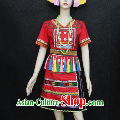 Chinese Traditional Gaoshan Nationality Red Dress Ethnic Folk Dance Costume for Women