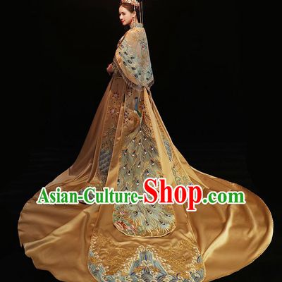 Chinese Traditional Bride Costume Golden Xiuhe Suit Ancient Wedding Embroidered Trailing Dress for Women