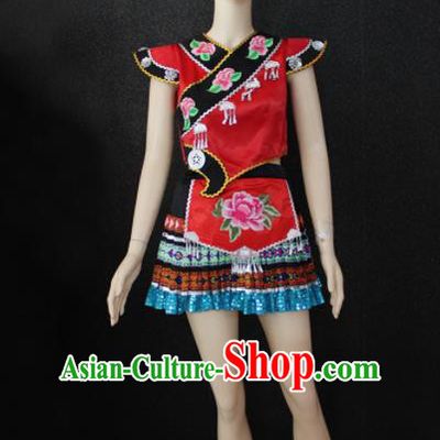 Chinese Traditional Zhuang Nationality Embroidered Red Dress Ethnic Folk Dance Costume for Women