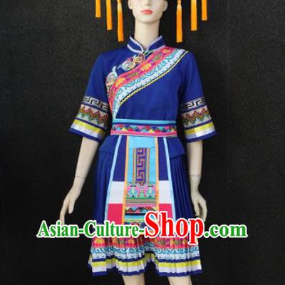 Chinese Traditional Zhuang Nationality Royalblue Dress Ethnic Folk Dance Costume for Women