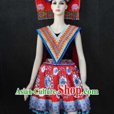 Chinese Traditional Zhuang Nationality Embroidered Red Dress Ethnic Folk Dance Costume for Women