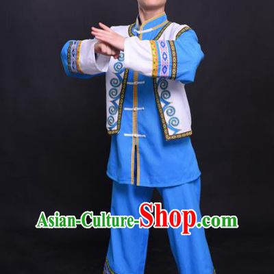 Chinese Traditional Ethnic Blue Costume Zhuang Nationality Festival Folk Dance Clothing for Men
