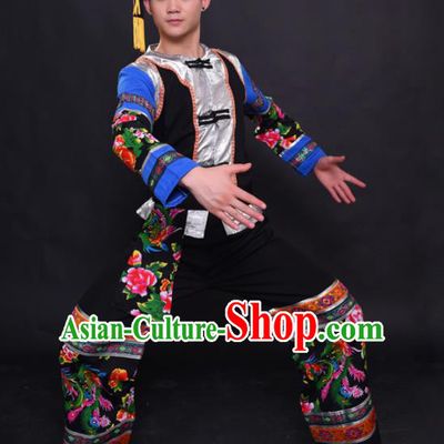 Chinese Traditional Ethnic Printing Black Costume Miao Nationality Festival Folk Dance Clothing for Men