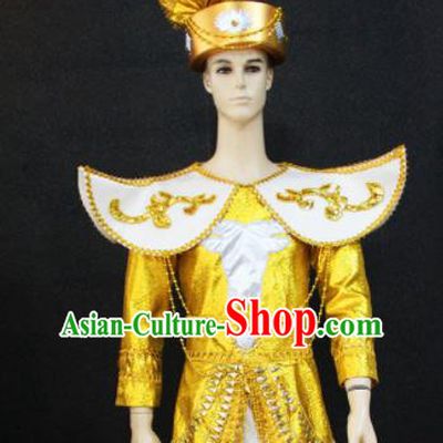 Chinese Traditional Ethnic Prince Golden Costume Miao Nationality Festival Folk Dance Clothing for Men