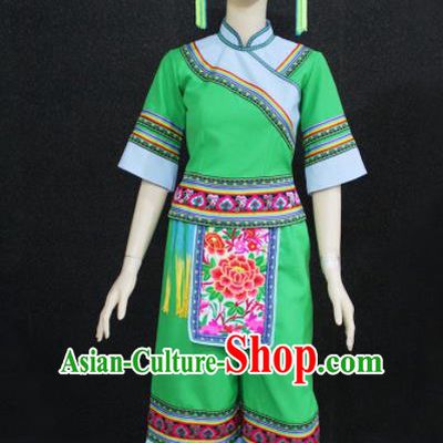 Chinese Traditional Yao Nationality Embroidered Green Clothing Ethnic Folk Dance Costume for Women