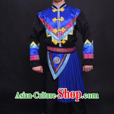 Chinese Traditional Ethnic Blue Tassel Costume Zhuang Nationality Festival Folk Dance Clothing for Men