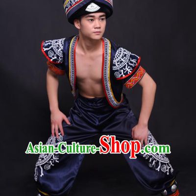 Chinese Traditional Ethnic Navy Costume Zhuang Nationality Festival Folk Dance Clothing for Men