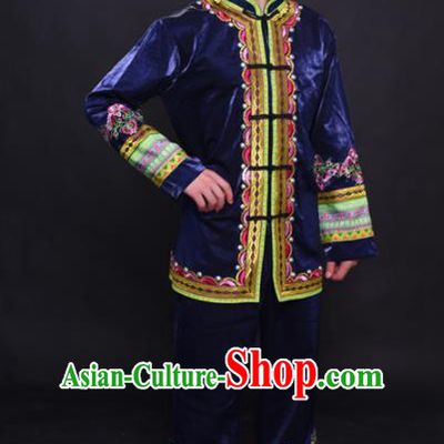 Chinese Traditional Ethnic Navy Costume Mulao Nationality Festival Folk Dance Clothing for Men