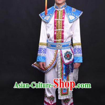 Chinese Traditional Ethnic Prince White Costume Zhuang Nationality Festival Folk Dance Clothing for Men
