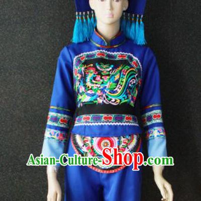 Chinese Traditional Zhuang Nationality Embroidered Blue Clothing Ethnic Bride Folk Dance Costume for Women