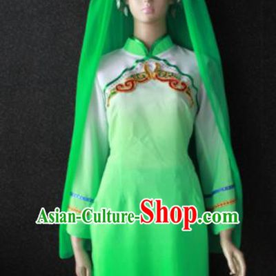Chinese Traditional Salar Nationality Embroidered Green Dress Ethnic Bride Folk Dance Costume for Women