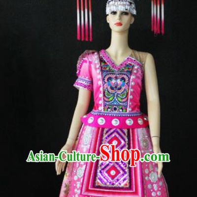 Chinese Traditional Zhuang Nationality Wedding Pink Dress Ethnic Folk Dance Costume for Women